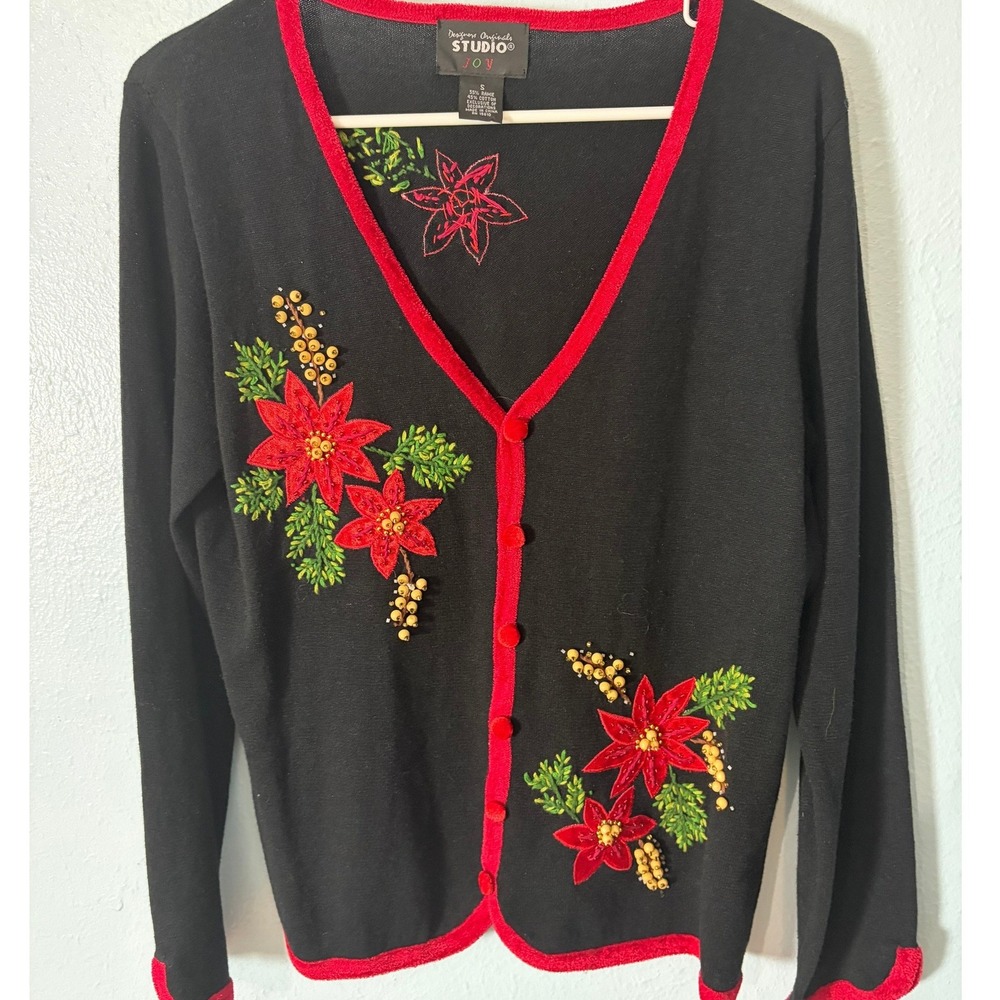 Designers Originals Studio Joy Poinsettia Christmas Cardigan Sweater Black Red S